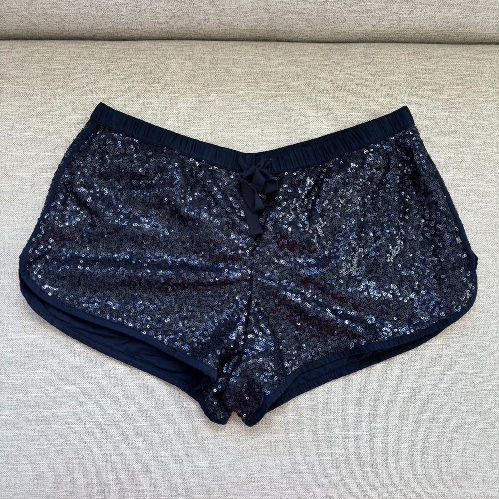 Victoria's Secret Sequin Pajama Shorts Small Navy Blue Sparkly Glam Loungewear